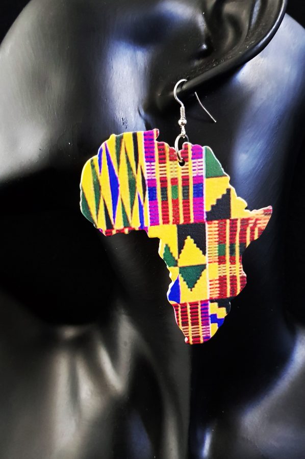 Kente Print African Map Wood Earrings - Zanaka.co.nz